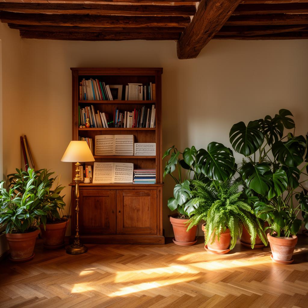 Dettaglio dello studio in cascina: libreria, piante, luce calda